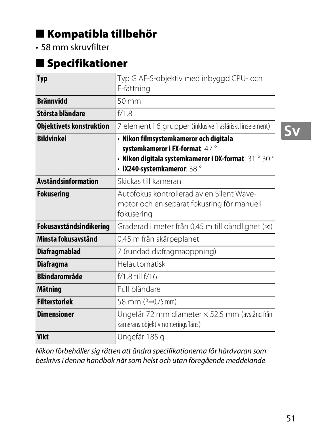 Nikon 50mmf/1.8G, 2183B, 50mmf18G, 2199B, 2214 user manual Kompatibla tillbehör, Specifikationer 