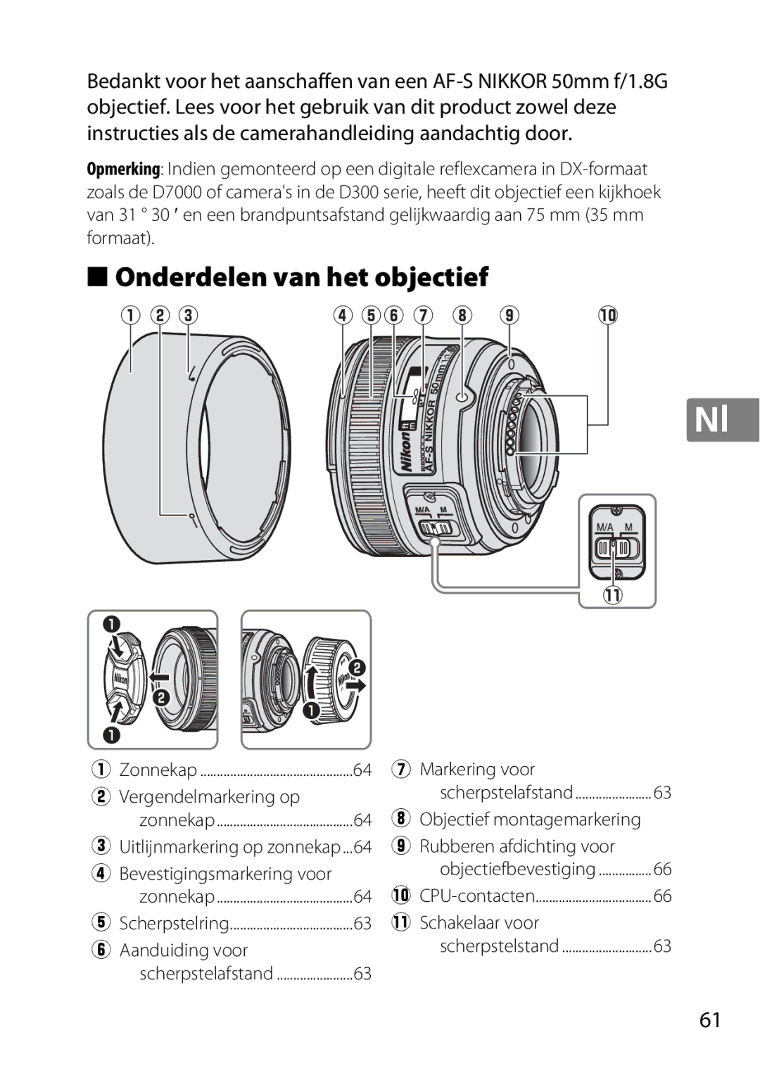 Nikon 2183B, 2199B Onderdelen van het objectief, Markering voor Vergendelmarkering op, 1Schakelaar voor Aanduiding voor 