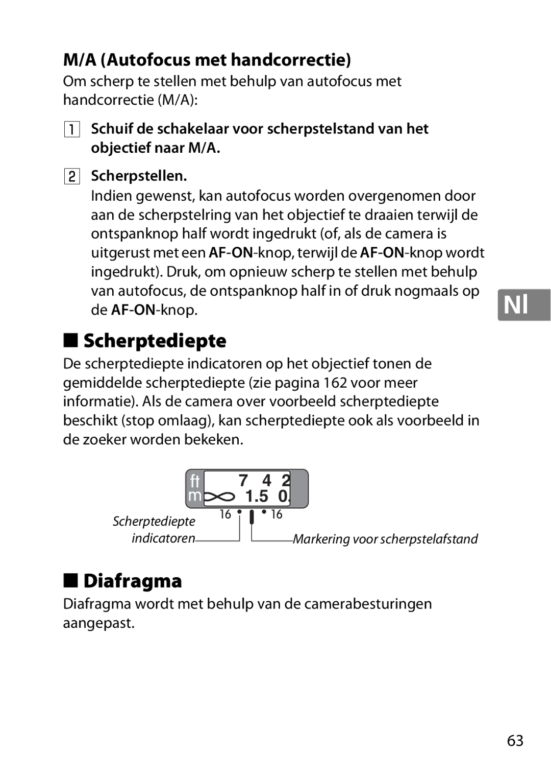 Nikon 50mmf/1.8G, 2183B, 50mmf18G, 2199B, 2214 user manual Scherptediepte, Autofocus met handcorrectie 