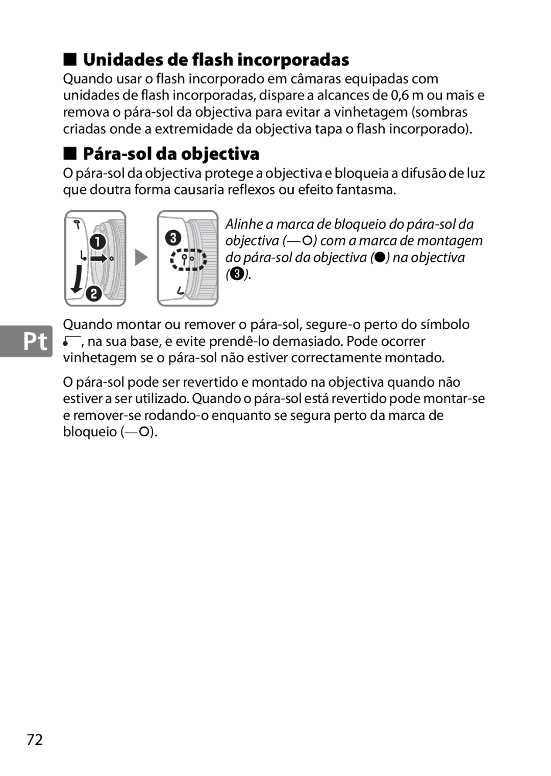 Nikon 2183B, 50mmf18G, 50mmf/1.8G, 2199B, 2214 user manual Unidades de flash incorporadas, Pára-sol da objectiva 