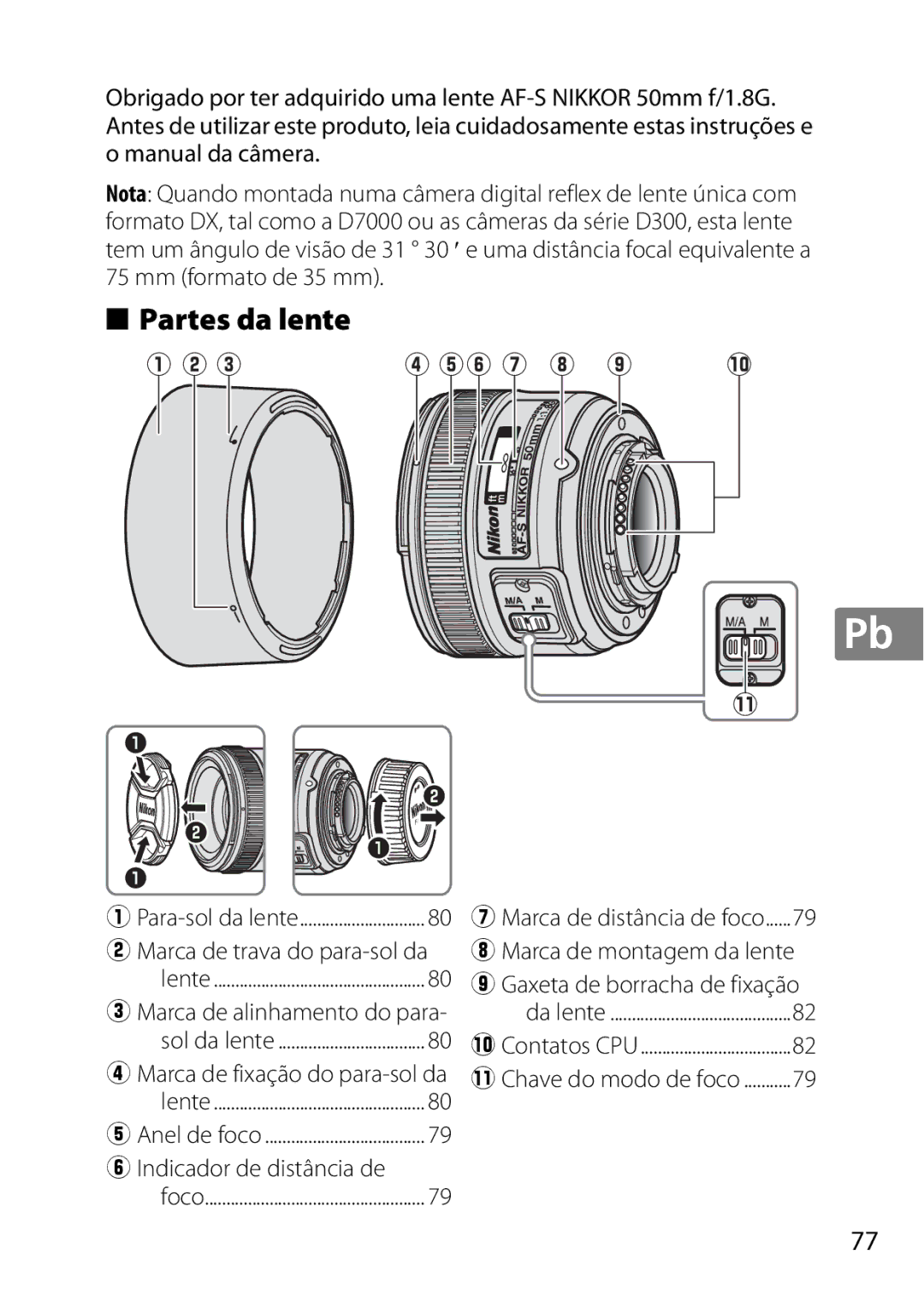 Nikon 2214, 2183B, 50mmf18G, 50mmf/1.8G, 2199B user manual Partes da lente, Marca de montagem da lente 