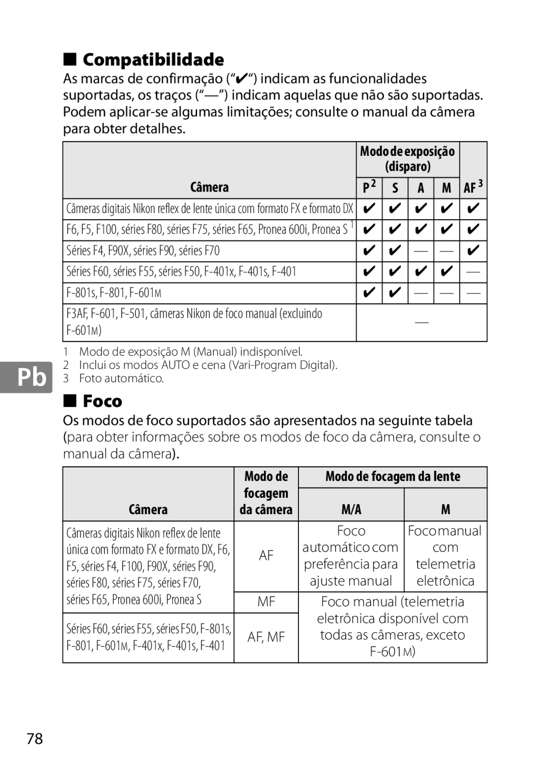 Nikon 2183B, 50mmf18G, 50mmf/1.8G, 2199B, 2214 user manual Foco, Câmera, Séries F4, F90X, séries F90, séries F70, Com 