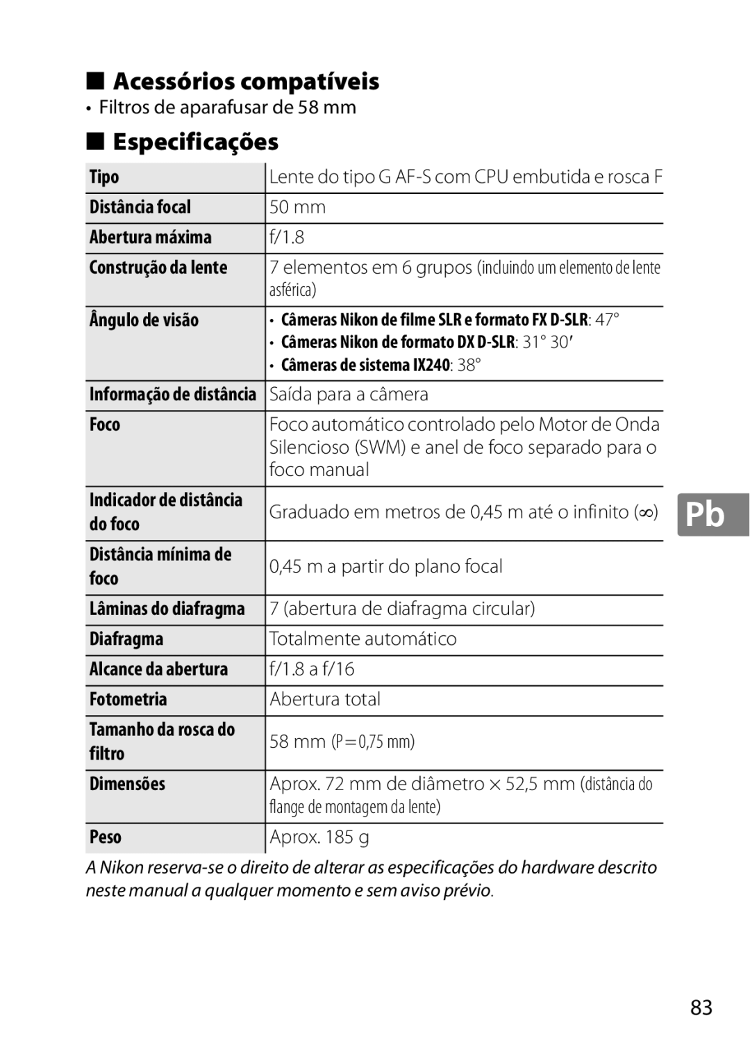 Nikon 2214, 2183B, 50mmf18G, 50mmf/1.8G, 2199B user manual Foco, Do foco, Fotometria, Filtro 