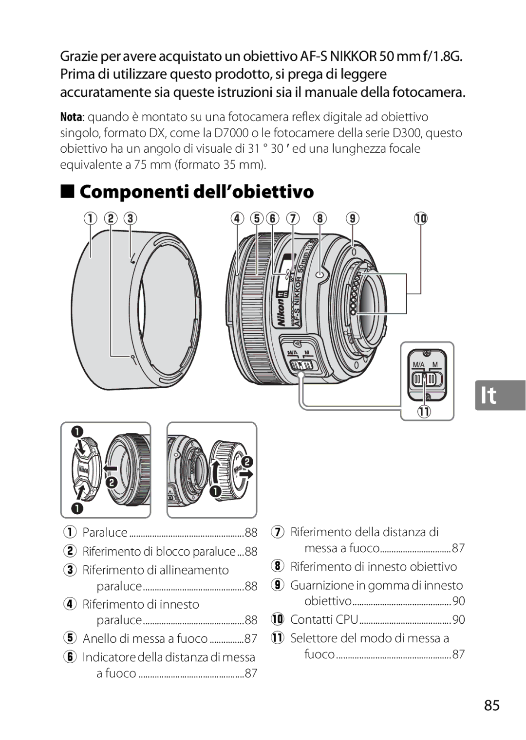 Nikon 2183B, 50mmf18G, 50mmf/1.8G Componenti dell’obiettivo, Riferimento di allineamento, Riferimento della distanza di 