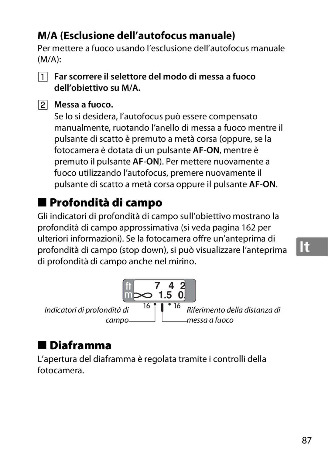 Nikon 50mmf/1.8G, 2183B, 50mmf18G, 2199B, 2214 user manual Profondità di campo, Diaframma, Esclusione dell’autofocus manuale 