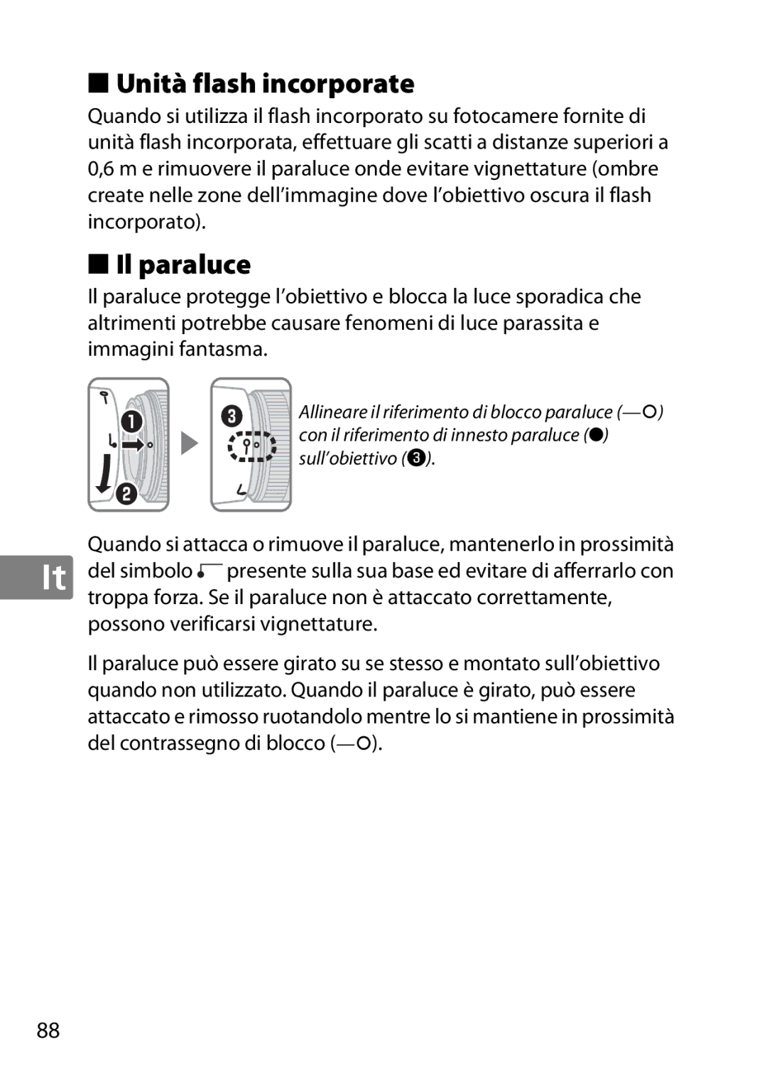 Nikon 2199B, 2183B, 50mmf18G, 50mmf/1.8G, 2214 user manual Unità flash incorporate, Il paraluce 