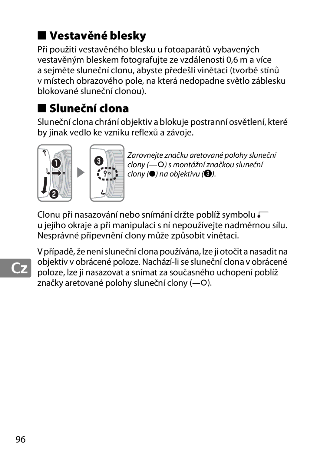 Nikon 2183B, 50mmf18G, 50mmf/1.8G, 2199B, 2214 user manual Vestavěné blesky, Sluneční clona 