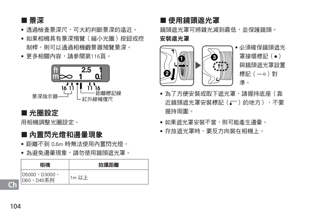 Nikon 2184, 24mm f/1.4G ED manual 104, D5000、D3000、 1m 以上 D60、D40系列 