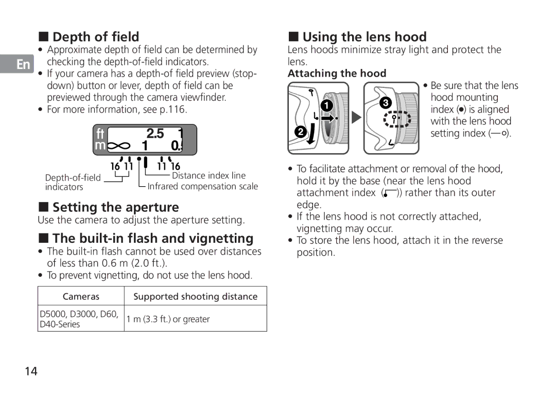 Nikon 2184 Depth of field, Setting the aperture, Built-in flash and vignetting, Using the lens hood, Attaching the hood 