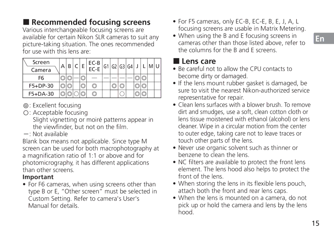 Nikon 24mm f/1.4G ED, 2184 manual Recommended focusing screens, Lens care, Camera, F5+DP-30 F5+DA-30 