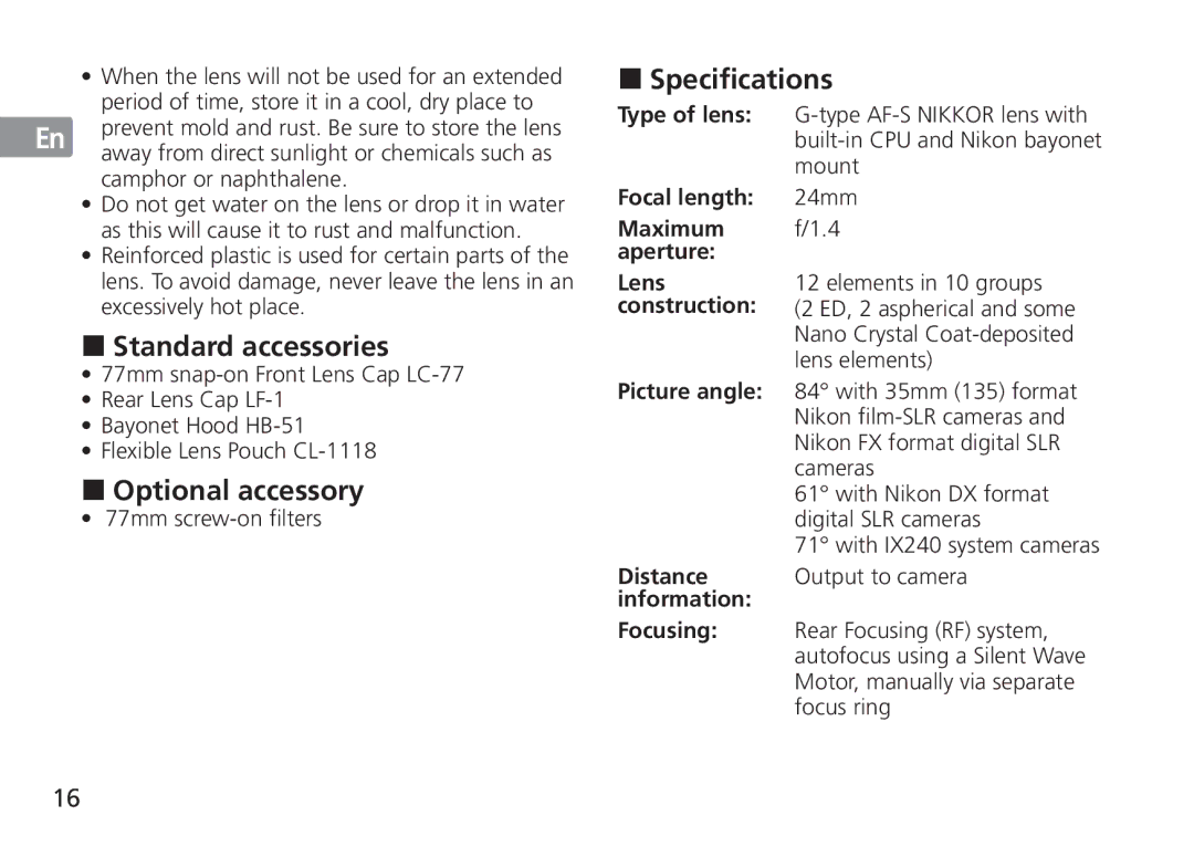 Nikon 2184, 24mm f/1.4G ED manual Specifications, Standard accessories, Optional accessory 