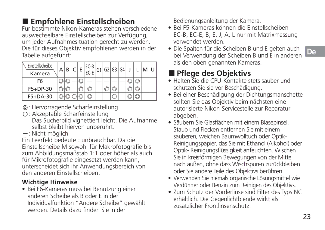 Nikon 24mm f/1.4G ED, 2184 manual Empfohlene Einstellscheiben, Pflege des Objektivs, Kamera 