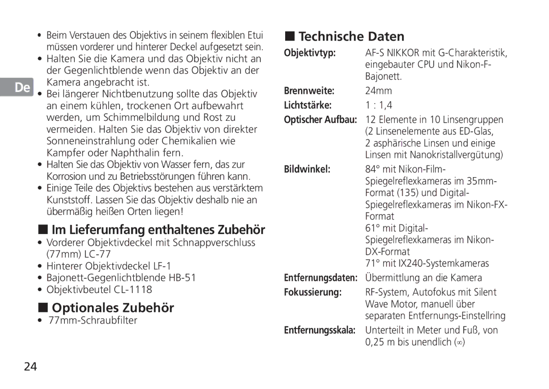 Nikon 2184, 24mm f/1.4G ED manual Optionales Zubehör, Technische Daten 