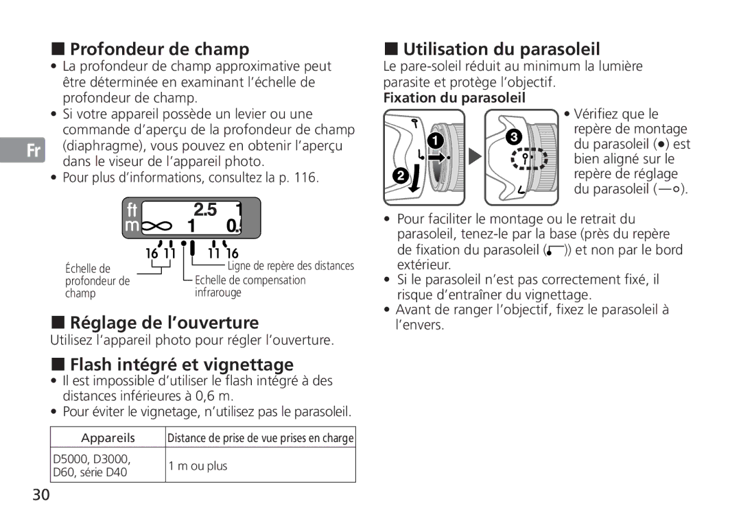 Nikon 2184 manual Profondeur de champ, Réglage de l’ouverture, Flash intégré et vignettage, Utilisation du parasoleil 