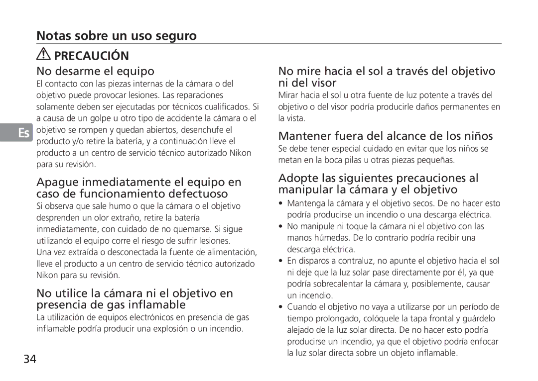 Nikon 2184 Notas sobre un uso seguro, Ni del visor, Mantener fuera del alcance de los niños, Presencia de gas inflamable 