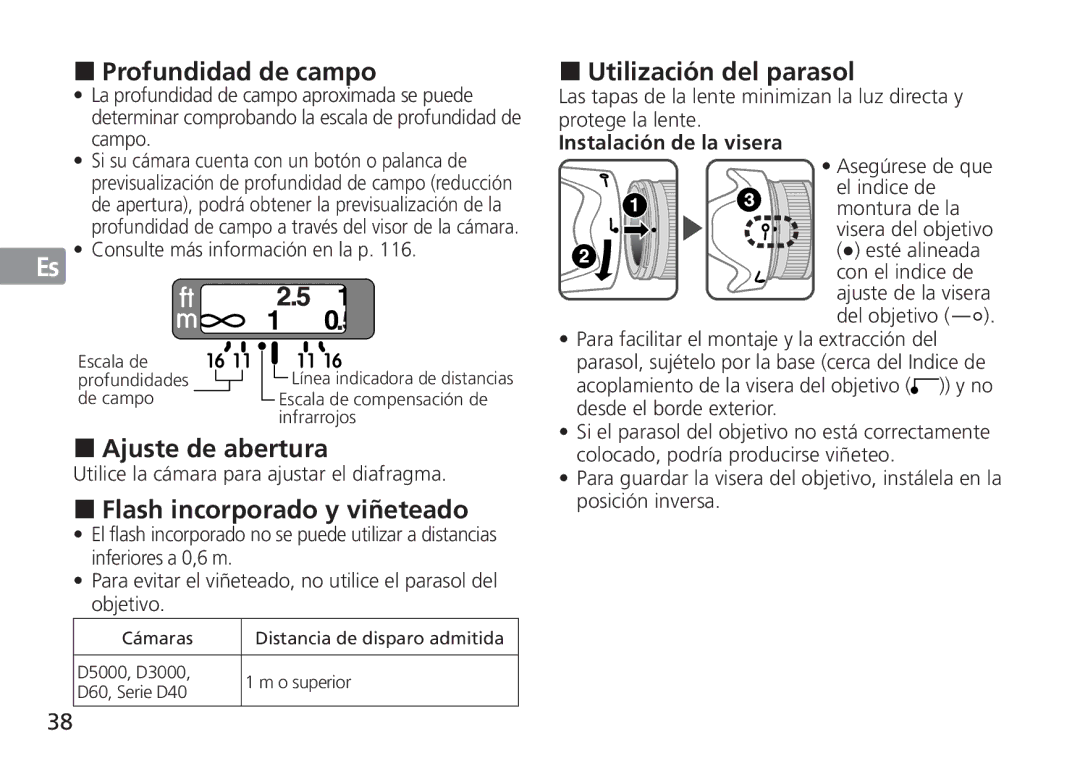 Nikon 2184 manual Profundidad de campo, Ajuste de abertura, Flash incorporado y viñeteado, Utilización del parasol 