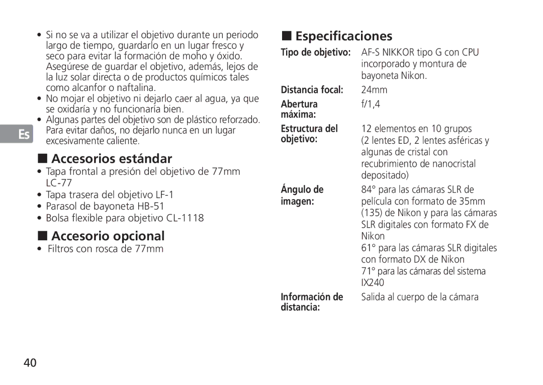 Nikon 2184, 24mm f/1.4G ED manual Especificaciones, Accesorios estándar, Accesorio opcional 