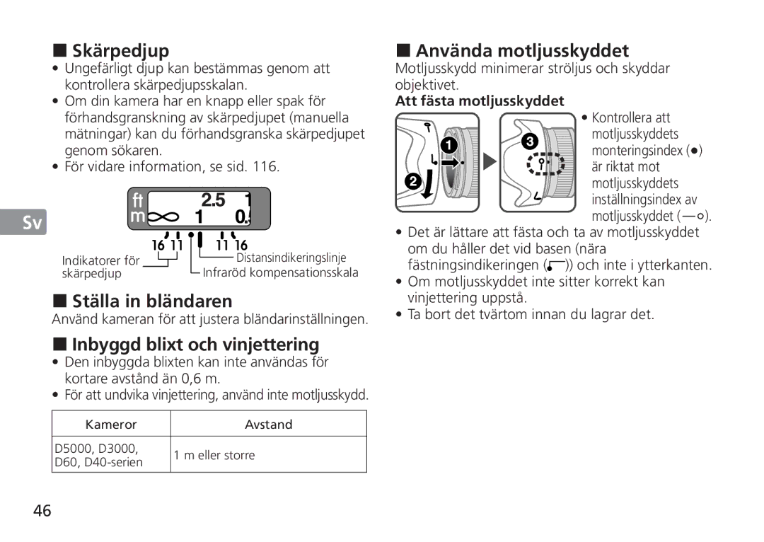 Nikon 2184, 24mm f/1.4G ED manual Skärpedjup, Ställa in bländaren, Inbyggd blixt och vinjettering, Använda motljusskyddet 