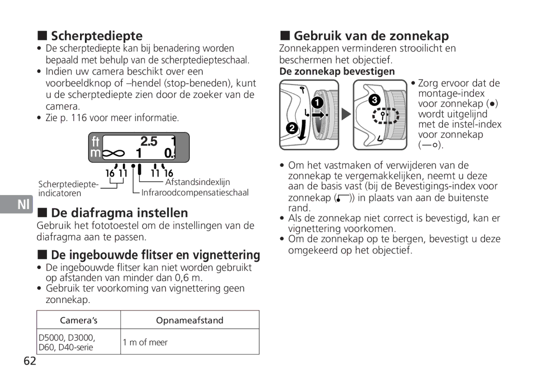 Nikon 2184, 24mm f/1.4G ED manual Scherptediepte, De diafragma instellen, Gebruik van de zonnekap, De zonnekap bevestigen 