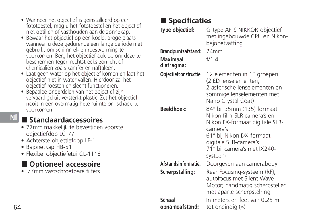 Nikon 2184, 24mm f/1.4G ED manual Standaardaccessoires, Optioneel accessoire, Specificaties 