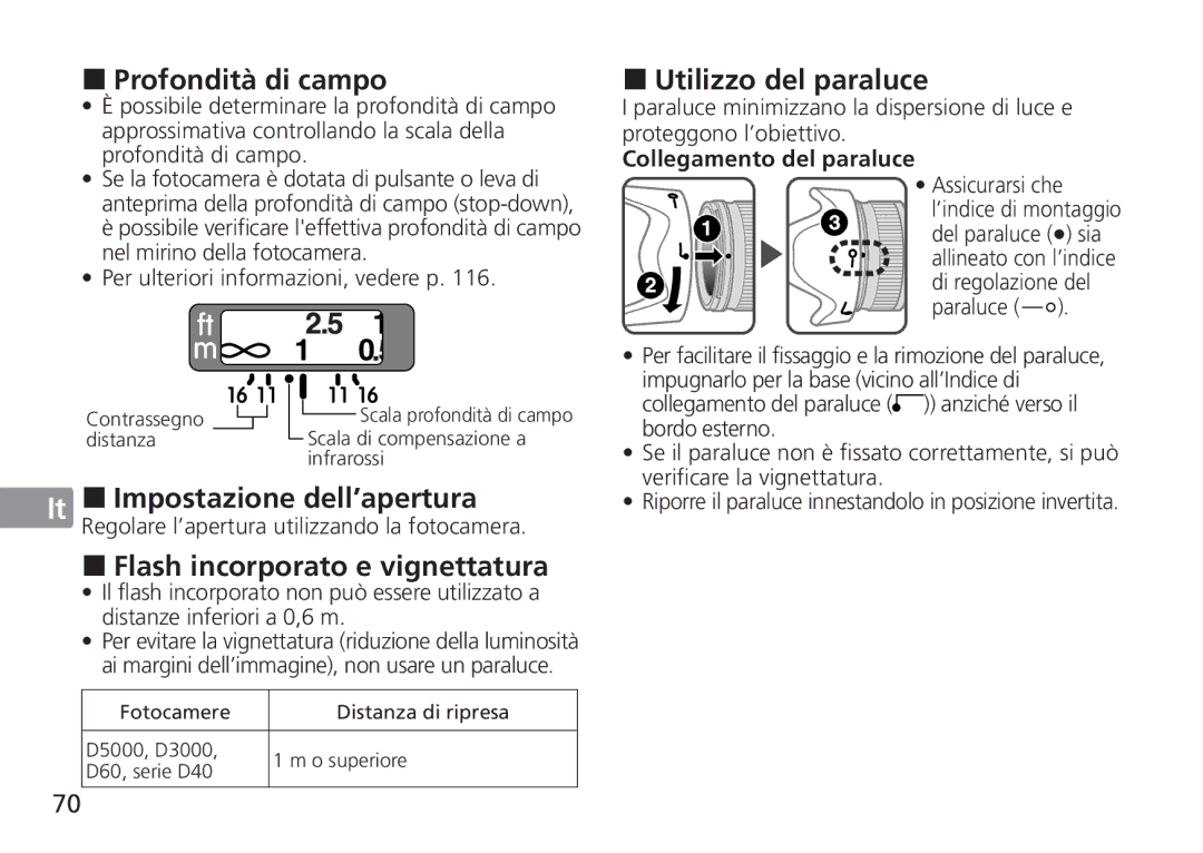 Nikon 2184 manual Profondità di campo, Impostazione dell’apertura, Flash incorporato e vignettatura, Utilizzo del paraluce 