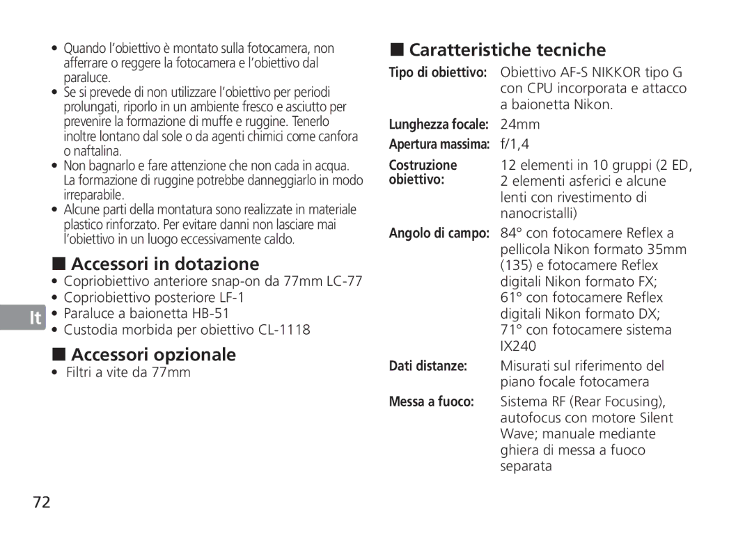 Nikon 2184, 24mm f/1.4G ED Accessori in dotazione, Accessori opzionale, Caratteristiche tecniche, Costruzione, Obiettivo 