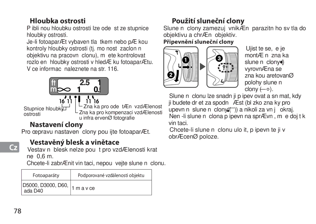 Nikon 2184, 24mm f/1.4G ED manual Hloubka ostrosti, Nastavení clony, Vestavěný blesk a vinětace, Použití sluneční clony 