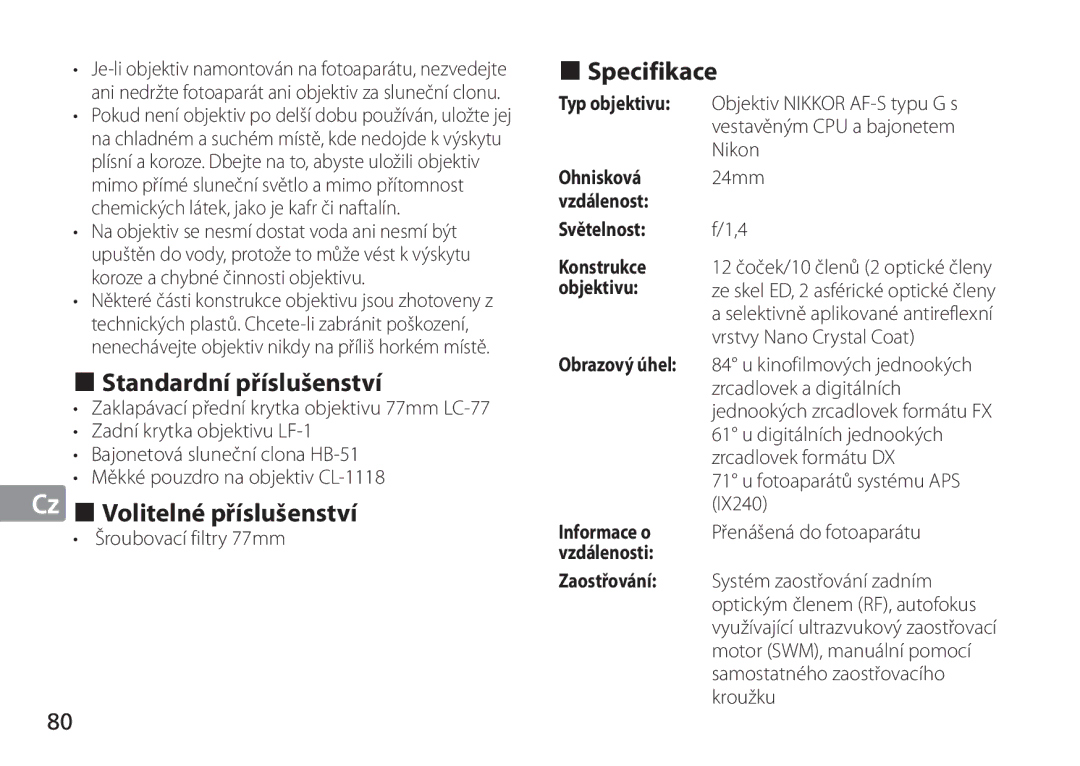 Nikon 2184, 24mm f/1.4G ED manual Standardní příslušenství, Volitelné příslušenství, Specifikace 