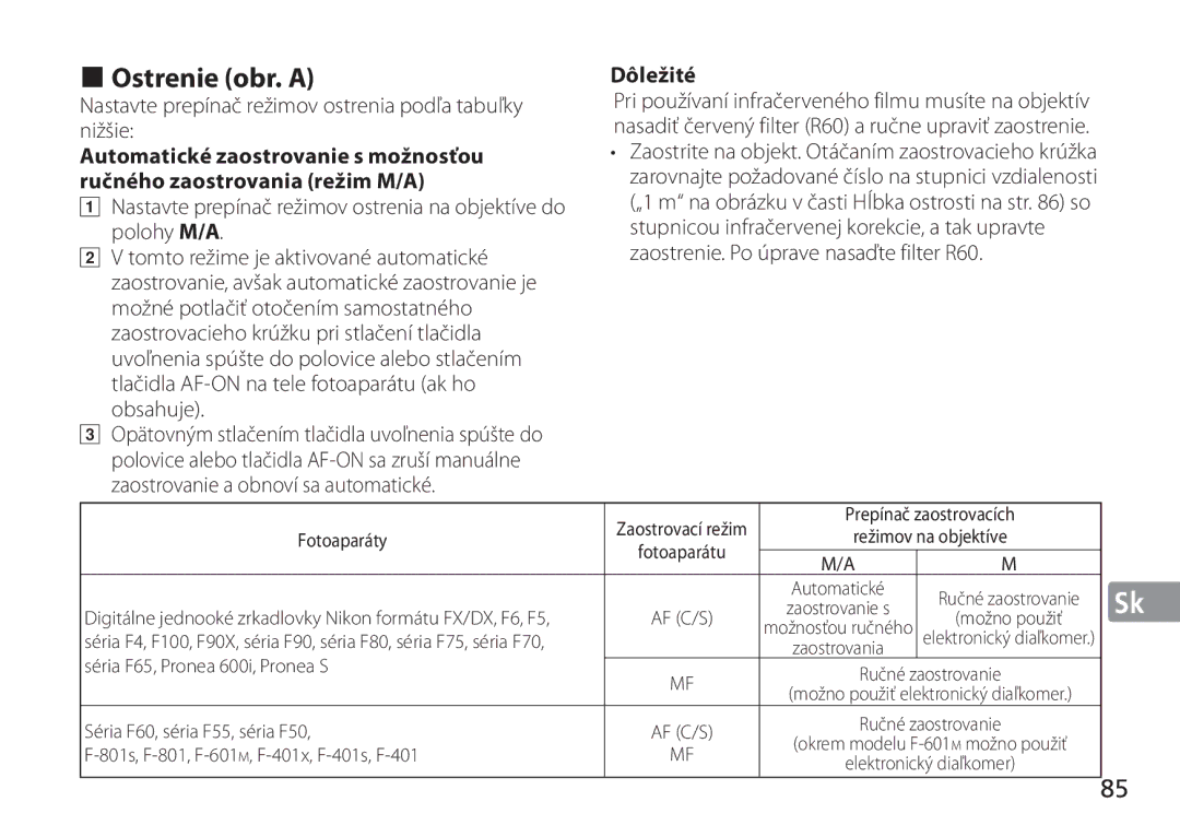 Nikon 24mm f/1.4G ED, 2184 manual Ostrenie obr. a, Automatické zaostrovanie s možnosťou, Ručného zaostrovania režim M/A 