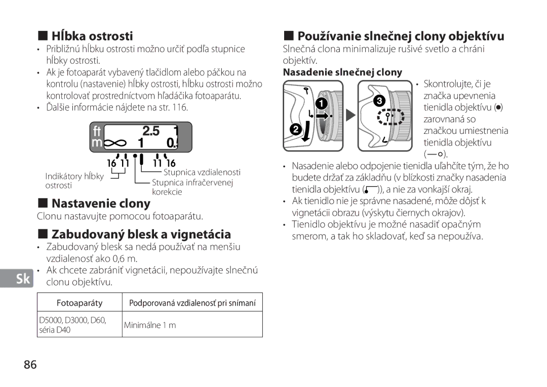 Nikon 2184 manual Hĺbka ostrosti, Nastavenie clony, Zabudovaný blesk a vignetácia, Používanie slnečnej clony objektívu 