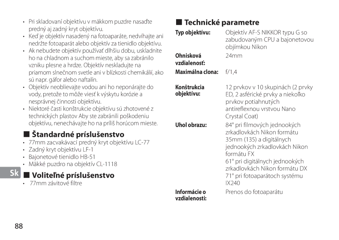 Nikon 2184, 24mm f/1.4G ED manual Technické parametre, Štandardné príslušenstvo, Voliteľné príslušenstvo 