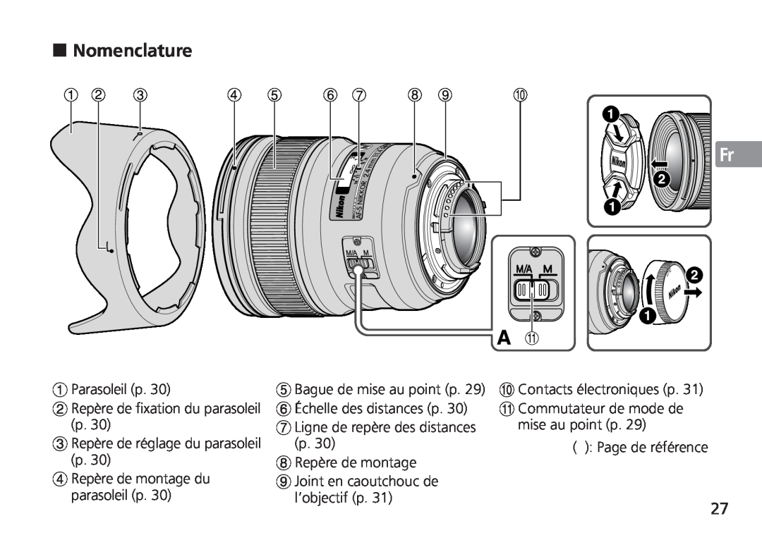 Nikon 24mm f/1.4G ED Nomenclature, Parasoleil p 2 Repère de fixation du parasoleil p, 3 Repère de réglage du parasoleil p 