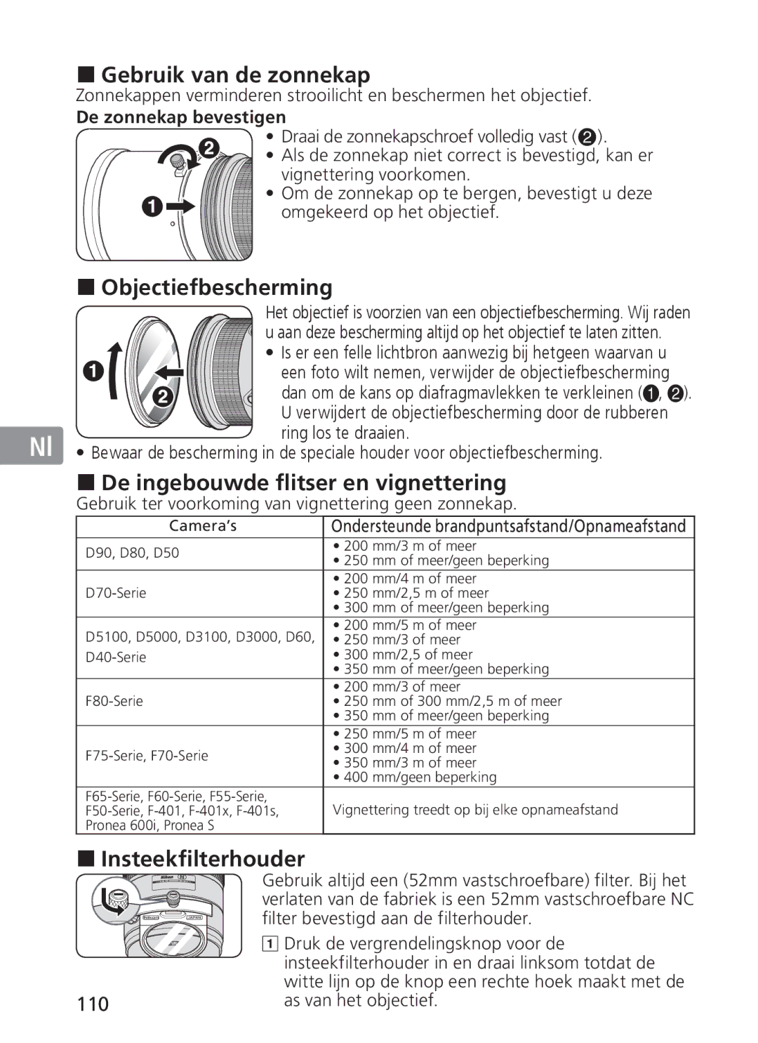 Nikon 2187 manual Gebruik van de zonnekap, Objectiefbescherming, De ingebouwde flitser en vignettering, Insteekfilterhouder 