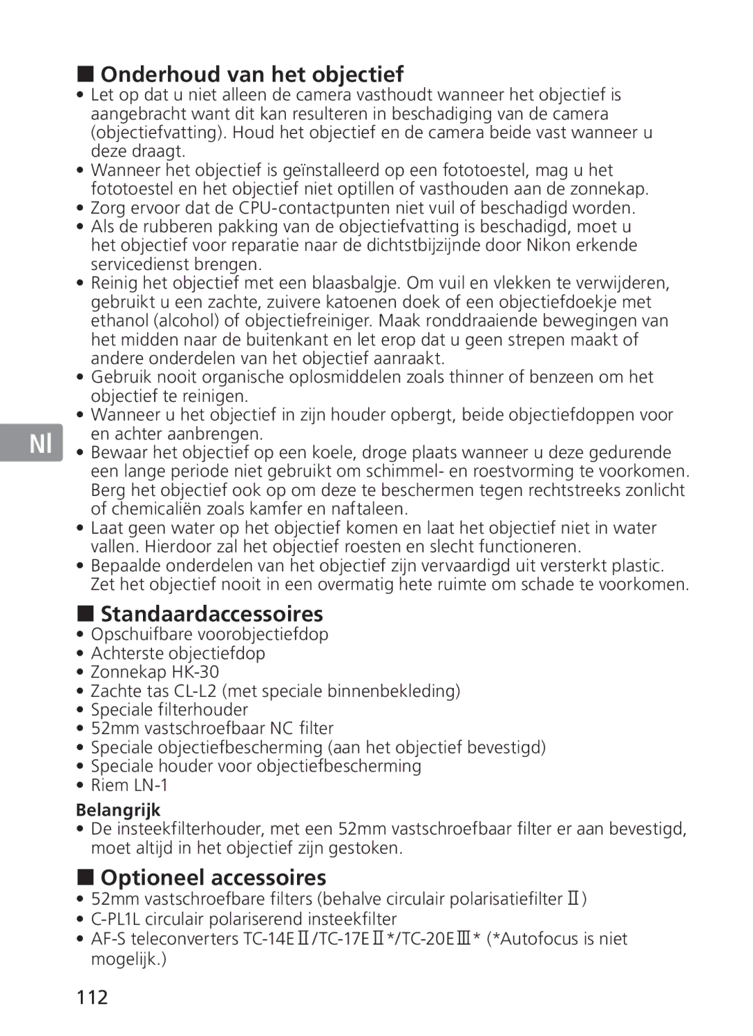 Nikon 2187 manual Onderhoud van het objectief, Standaardaccessoires, Optioneel accessoires, 112 