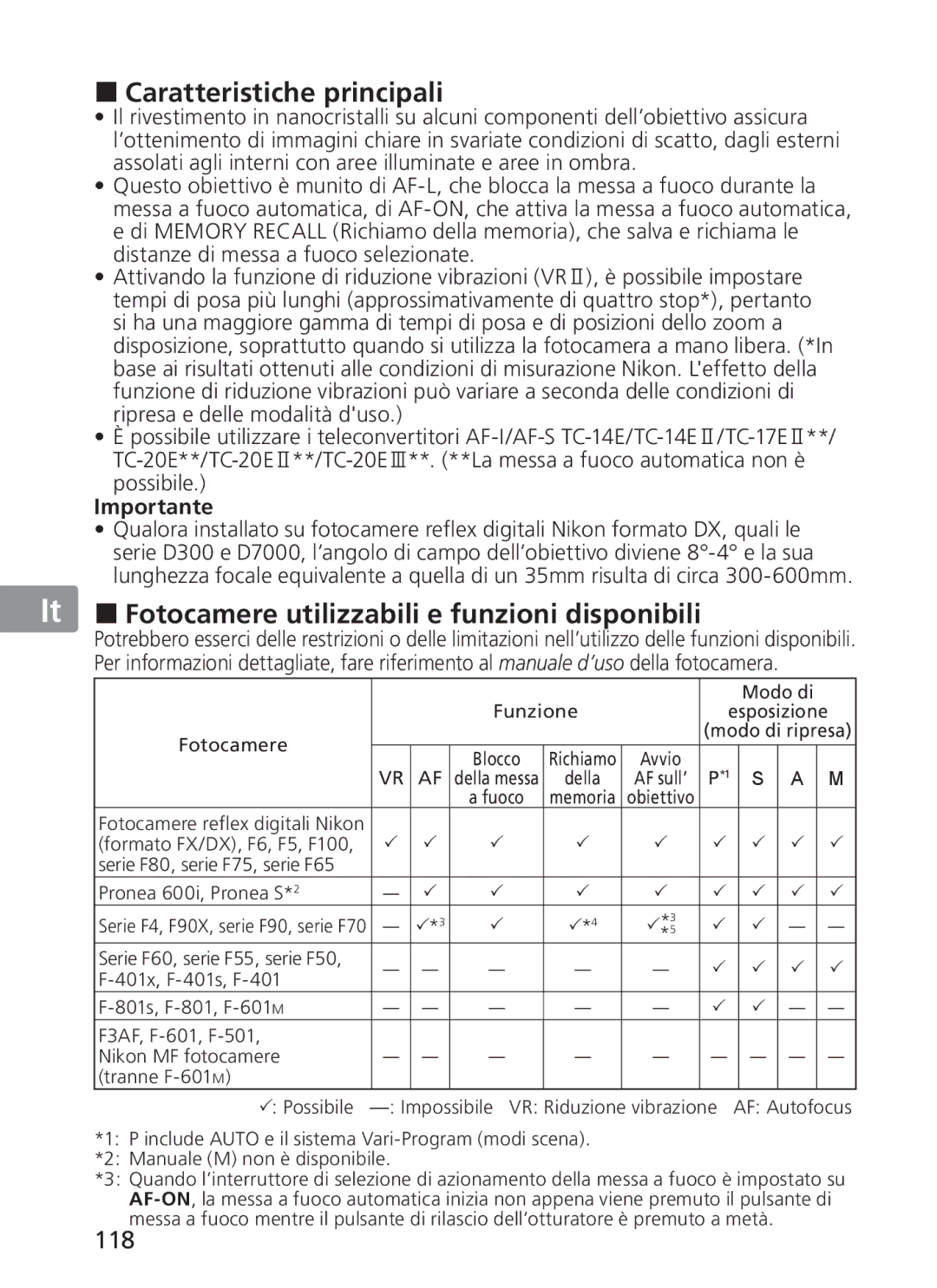 Nikon 2187 manual Caratteristiche principali, Fotocamere utilizzabili e funzioni disponibili, 118 