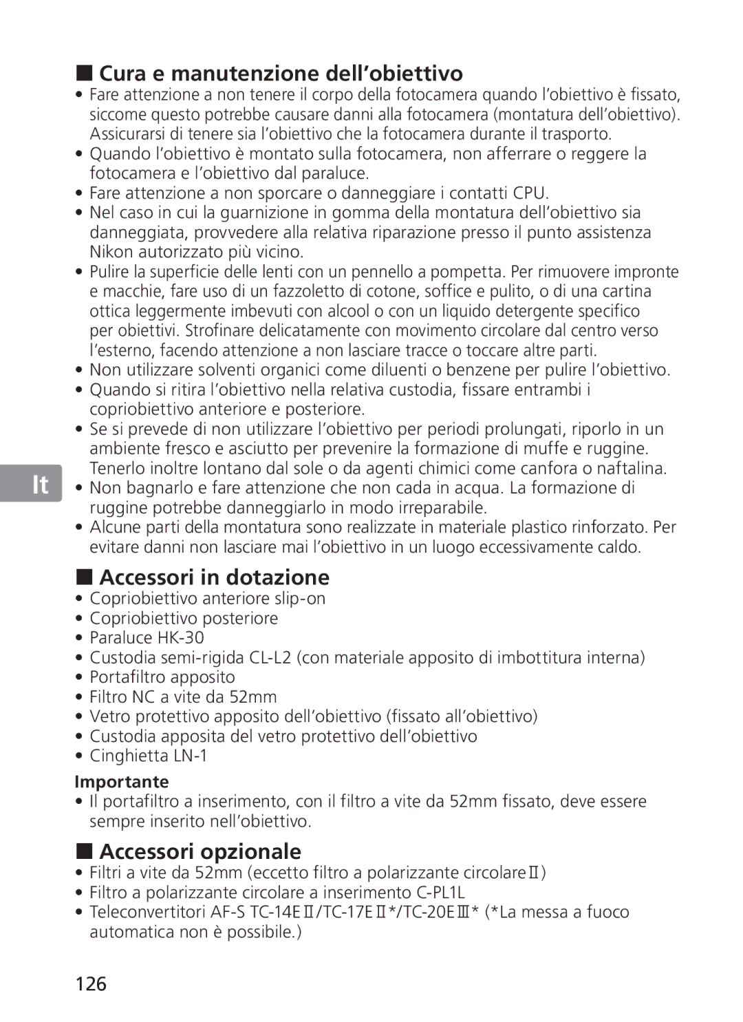 Nikon 2187 manual Cura e manutenzione dell’obiettivo, Accessori in dotazione, Accessori opzionale, 126 