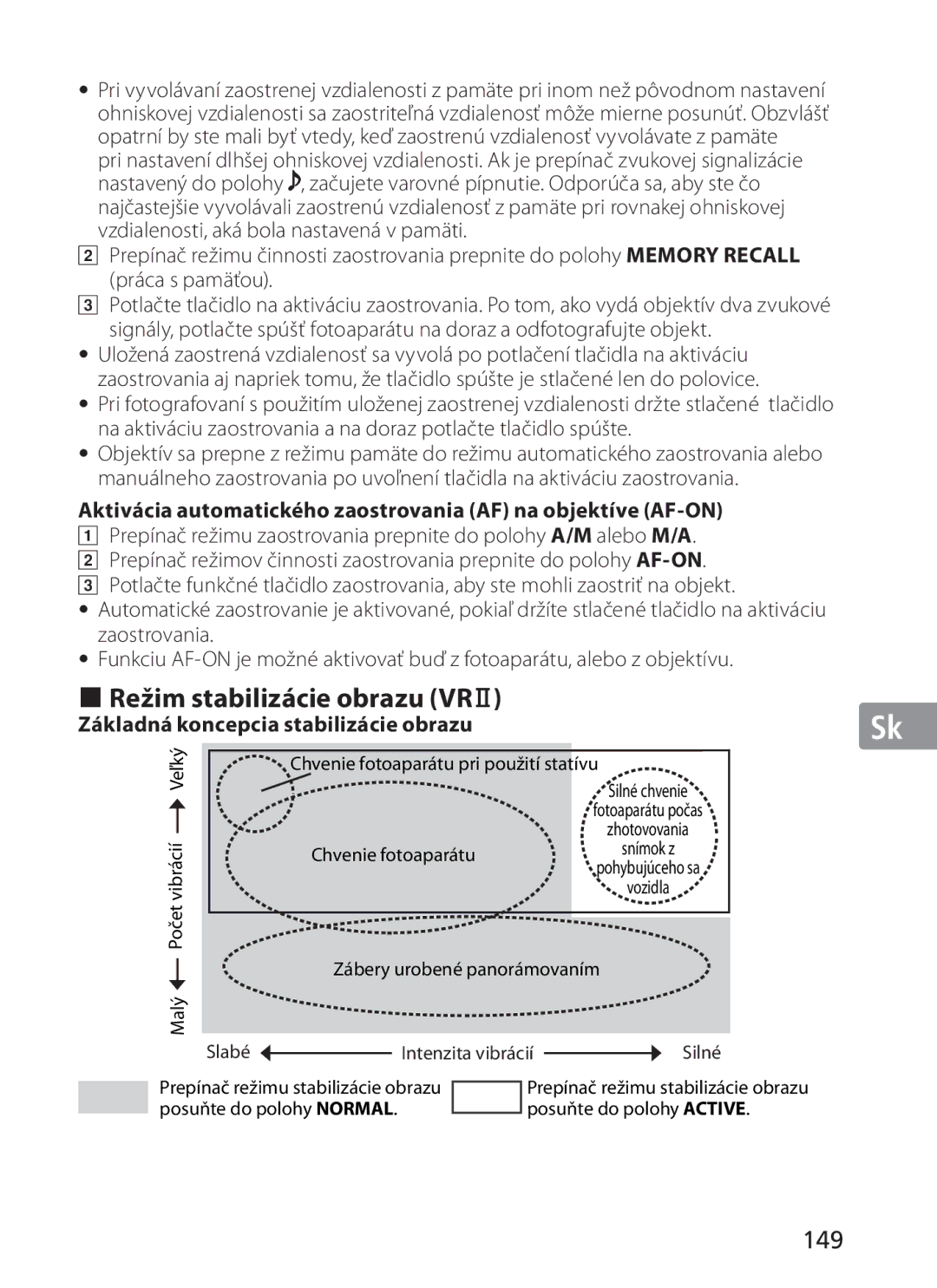 Nikon 2187 manual Režim stabilizácie obrazu VRⅡ, 149, Aktivácia automatického zaostrovania AF na objektíve AF-ON 