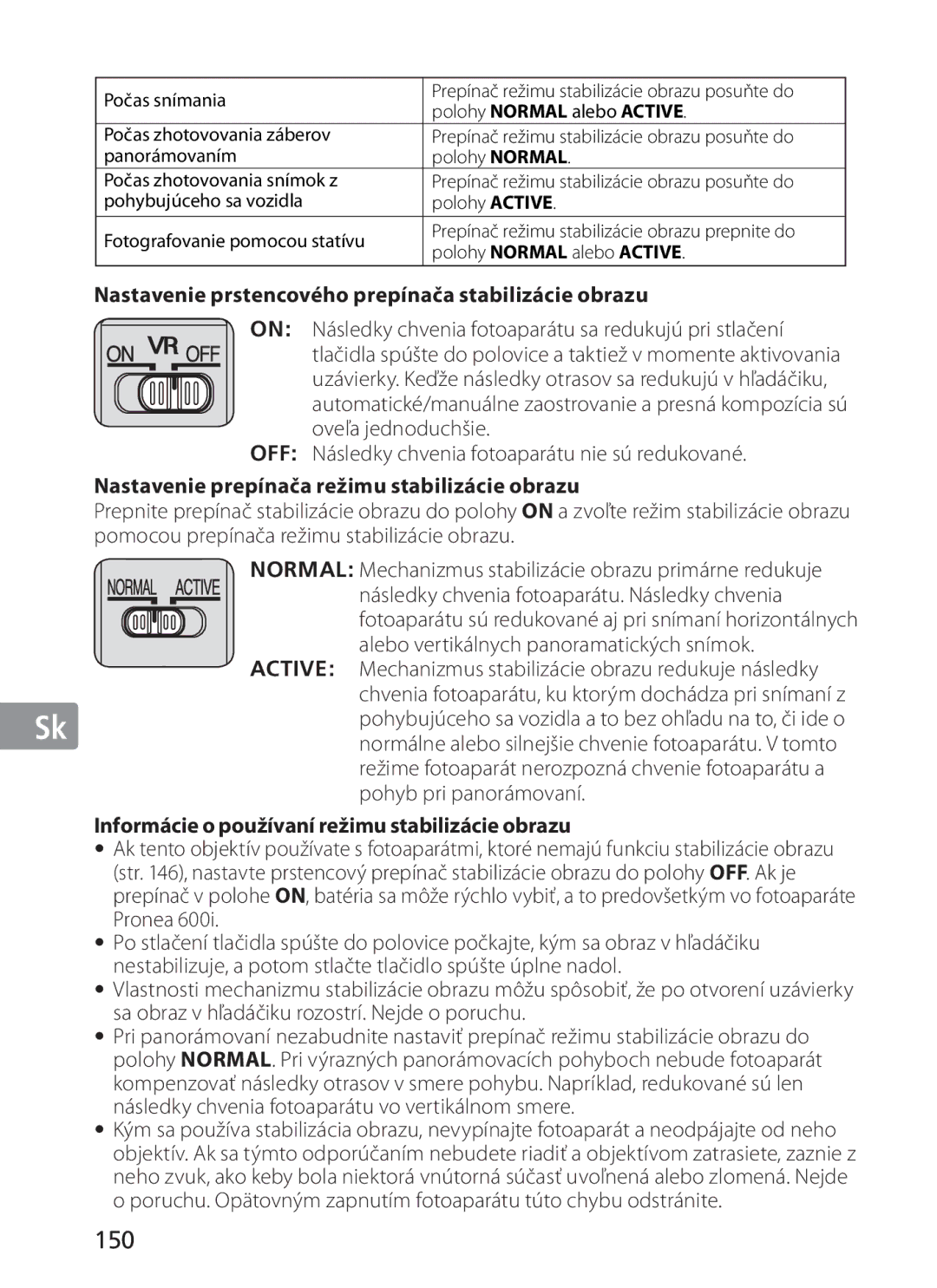 Nikon 2187 150, Nastavenie prstencového prepínača stabilizácie obrazu, OFF Následky chvenia fotoaparátu nie sú redukované 