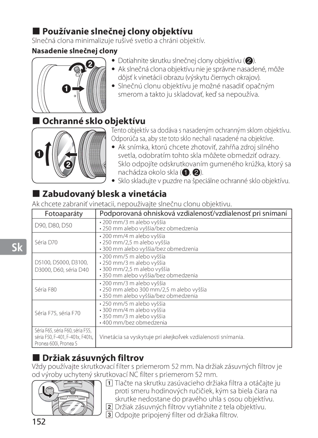 Nikon 2187 manual Používanie slnečnej clony objektívu, Ochranné sklo objektívu, Zabudovaný blesk a vinetácia, 152 