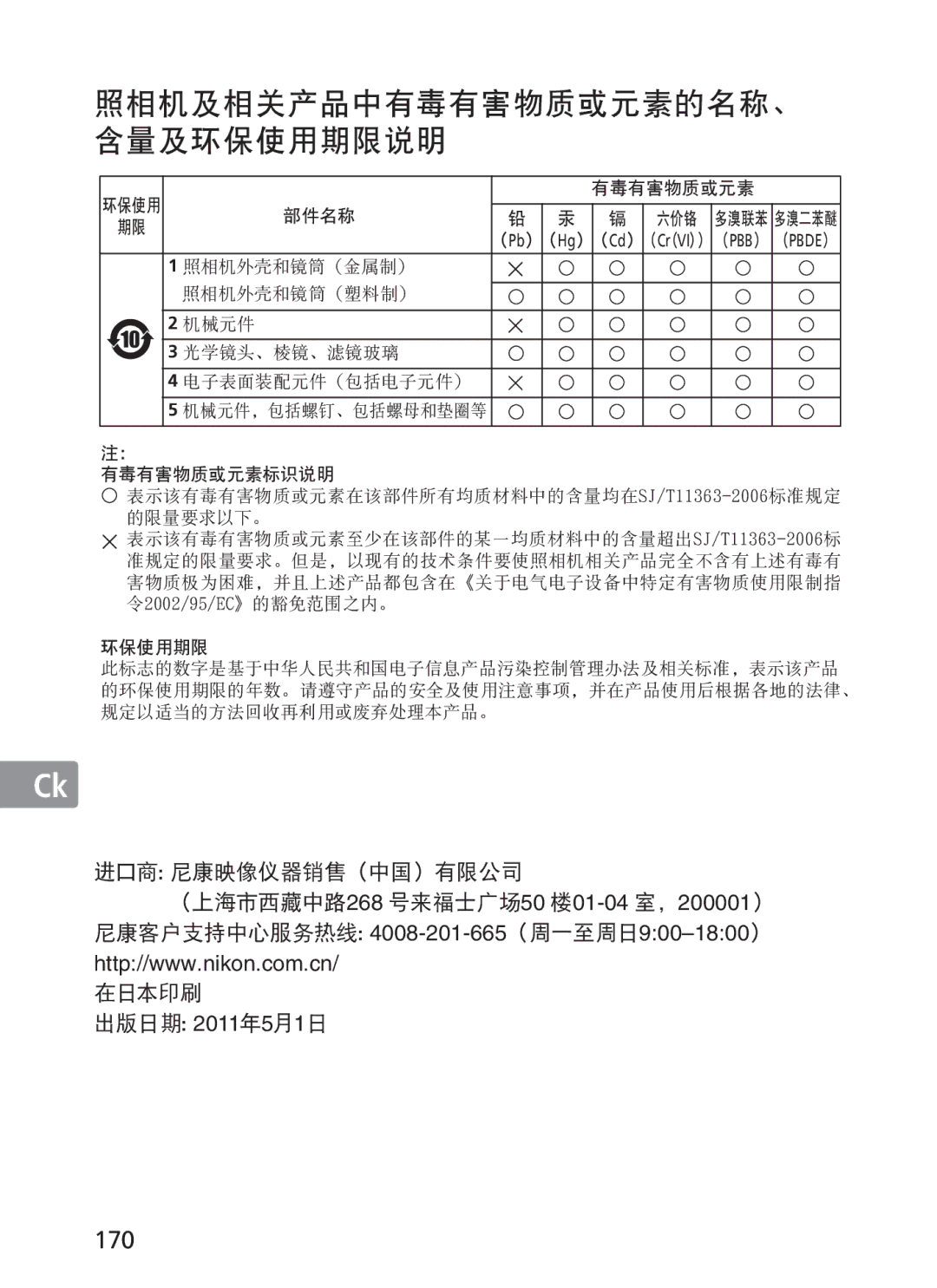 Nikon 2187 manual 照相机及相关产品中有毒有害物质或元素的名称、 含量及环保使用期限说明, 170 