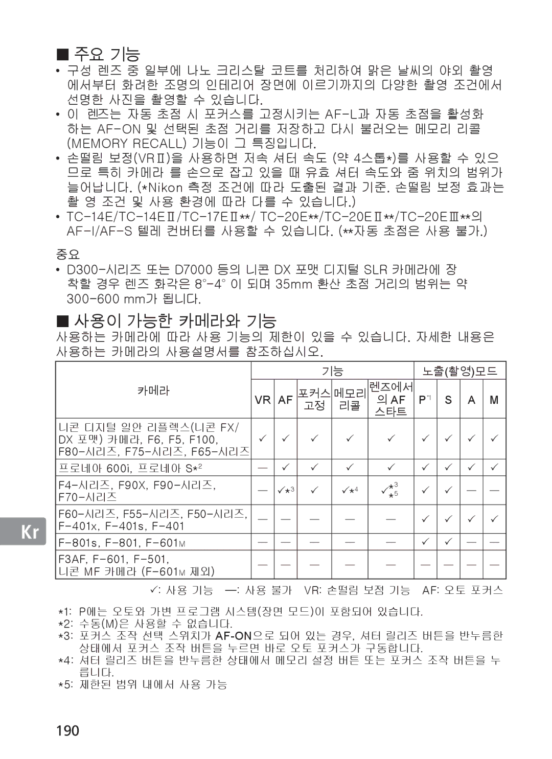 Nikon 2187 manual 190, Memory Recall 기능이 그 특징입니다, 300-600 mm가 됩니다, DX 포맷 카메라, F6, F5, F100 F80-시리즈, F75-시리즈, F65-시리즈 