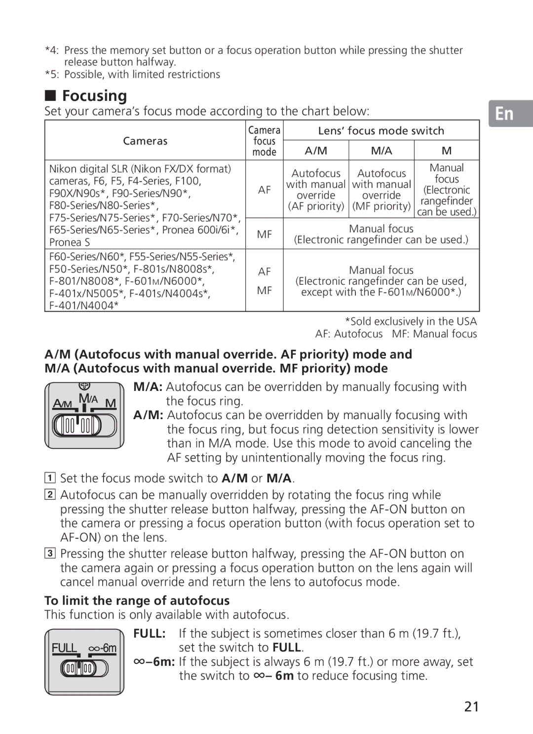 Nikon 2187 manual Focusing, Set your camera’s focus mode according to the chart below, To limit the range of autofocus 