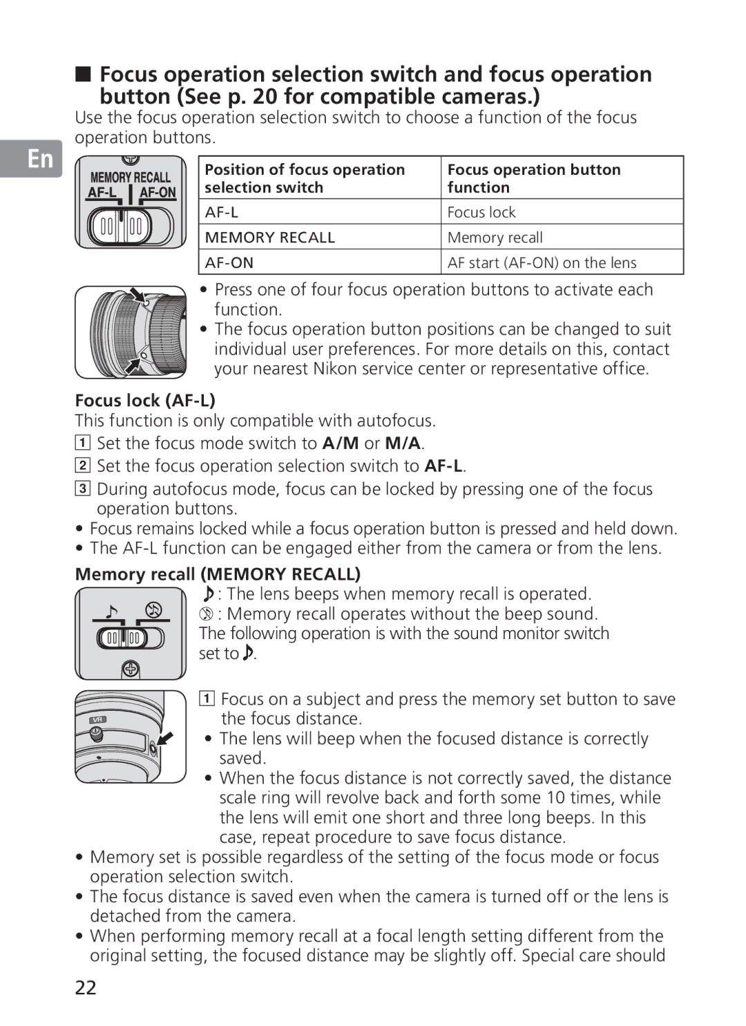 Nikon 2187 manual Focus lock AF-L, Memory recall Memory Recall, AF start AF-ON on the lens 