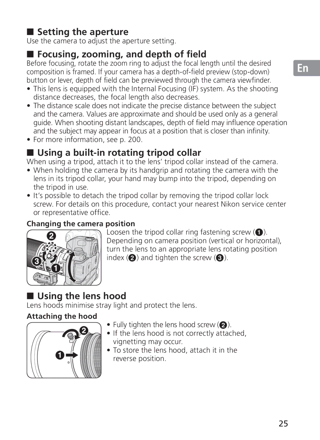 Nikon 2187 manual Setting the aperture, Focusing, zooming, and depth of field, Using a built-in rotating tripod collar 