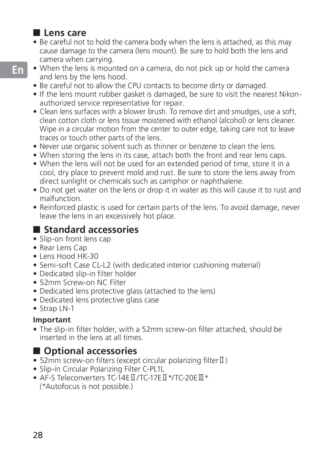 Nikon 2187 manual Lens care, Standard accessories, Optional accessories 