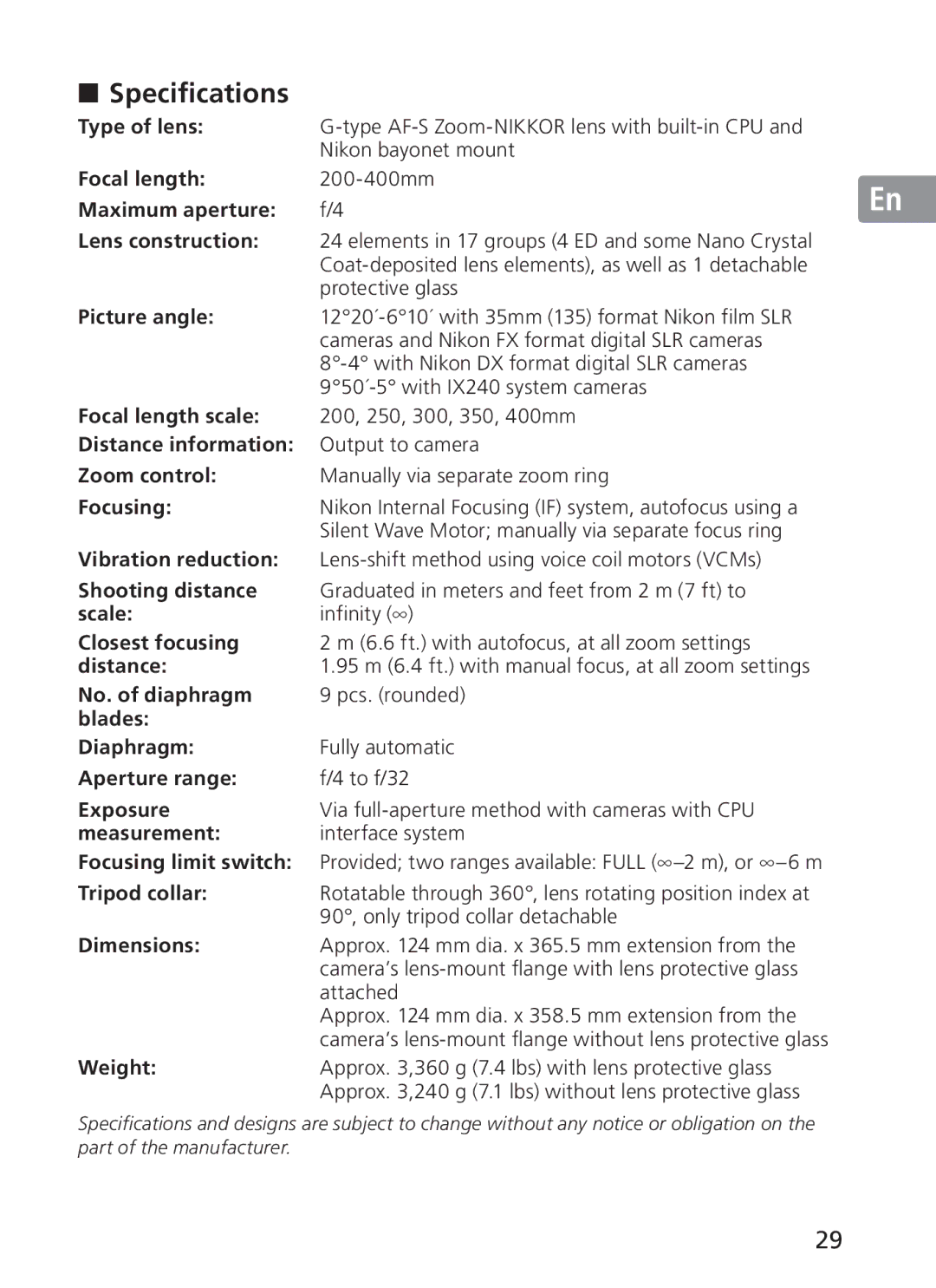 Nikon 2187 manual Specifications 