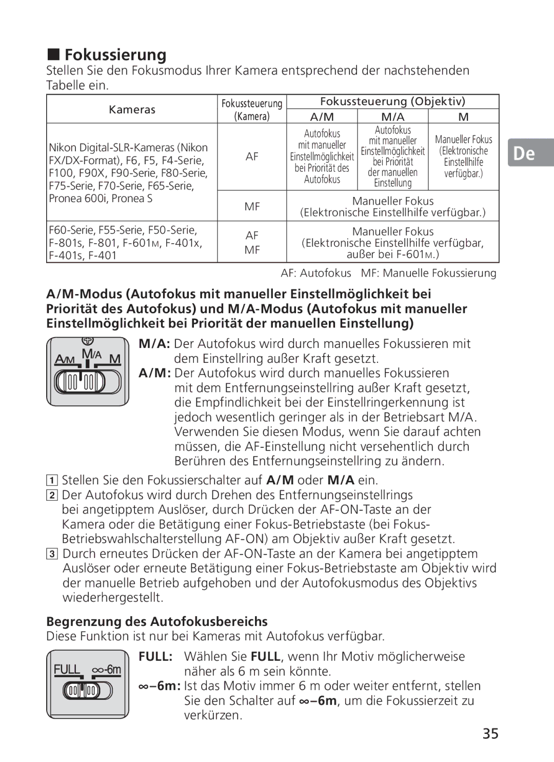 Nikon 2187 manual Fokussierung, Stellen Sie den Fokussierschalter auf A/M oder M/A ein, Begrenzung des Autofokusbereichs 