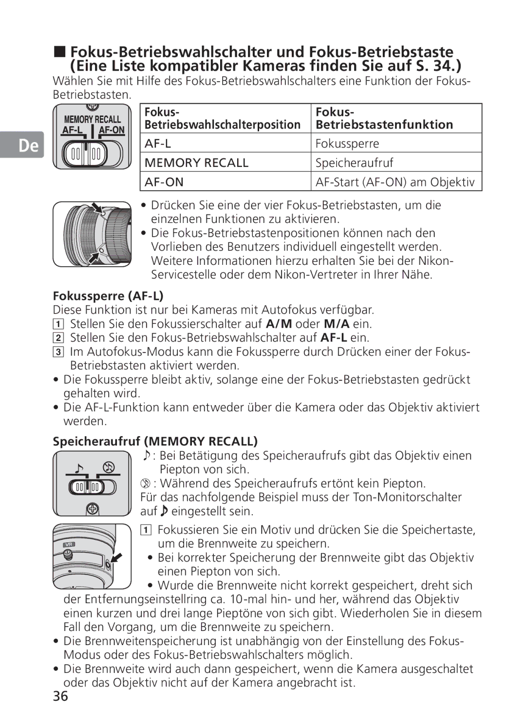 Nikon 2187 manual Betriebstastenfunktion, Fokussperre AF-L, Speicheraufruf Memory Recall 