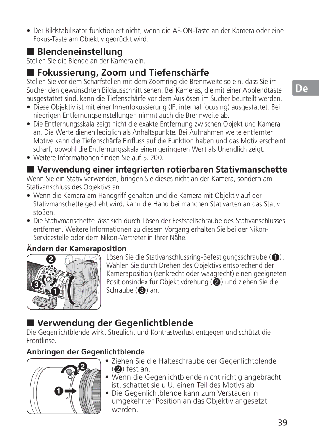 Nikon 2187 manual Blendeneinstellung, Fokussierung, Zoom und Tiefenschärfe, Verwendung der Gegenlichtblende 