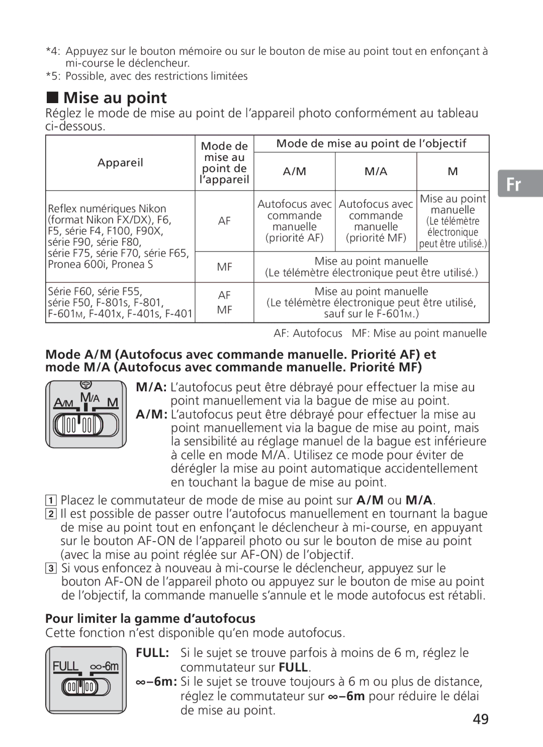 Nikon 2187 manual Mise au point, Pour limiter la gamme d’autofocus, De mise au point 